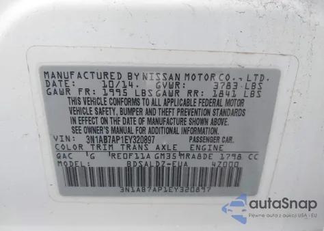 2014 Nissan Sentra Sv z USA, uszkodzony, nr VIN 3N1AB7AP1EY320897